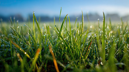 A close-up view of dewy grass in the soft morning light, featuring vivid water droplets that glisten in the sun, creating a tranquil and refreshing natural scene.の素材