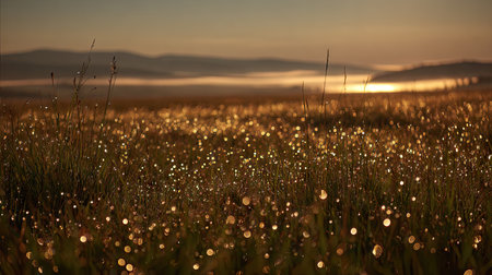 A breathtaking view of morning dew glistening on grass in a tranquil meadow illuminated by golden light at dawn, capturing the serene beauty of nature.の素材