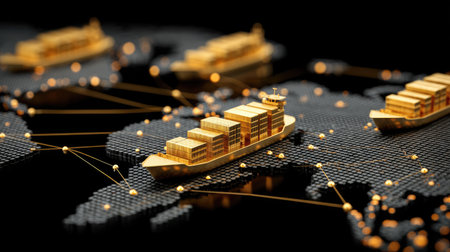 This dynamic image showcases container ships navigating a digital map, representing global shipping connections and the complex logistics of international trade.の素材