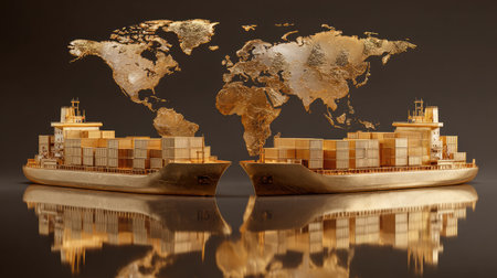 This artistic image portrays two ships loaded with containers against a gold world map, symbolizing global trade and economic connections, evoking luxury and sophistication.の素材
