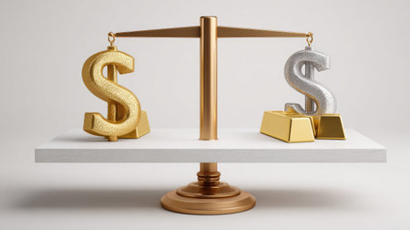 A visually striking composition of a balance scale showcasing gold and silver dollar signs, symbolizing financial decisions, wealth evaluation, and economic balance.の素材