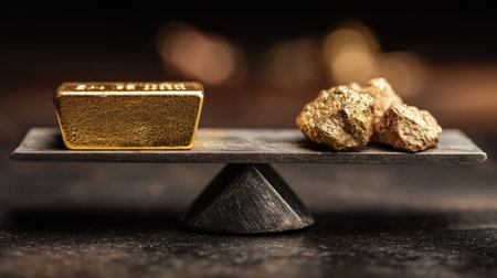A striking image featuring a gold bar and gold nuggets carefully placed on a balance scale. This composition symbolizes wealth, value, and investment.の素材