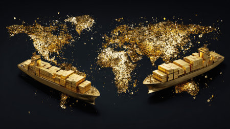 This captivating image features two cargo ships loaded with gleaming gold containers, set against a world map crafted from shimmering golden particles.の素材