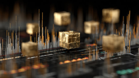 This image captures an abstract representation of data analysis featuring golden cubes and vibrant graphs, symbolizing financial trends and innovation.の素材