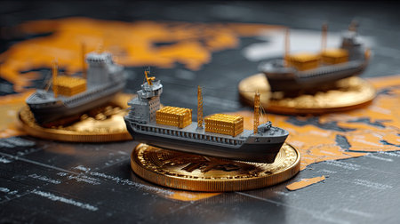 This illustration captures small cargo ships on golden coins, symbolizing trade and the global economy. Ideal for projects related to shipping and finance.の素材