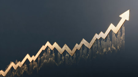 A striking image featuring a golden arrow illustrating upward growth and financial progress against a sleek black backdrop, symbolizing success and investment.の素材