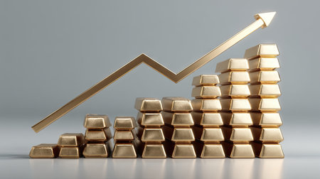 This image illustrates stacks of gold bars with an upward arrow, symbolizing financial growth and successful investments in the economy.の素材