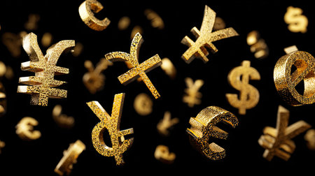 A captivating visual of floating golden currency symbols, including dollar, euro, and yen, set against a dramatic black background. Perfect for finance concepts.の素材