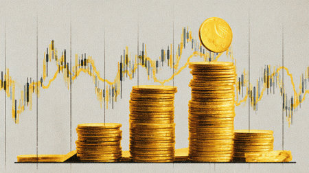This striking image features stacked golden coins against a backdrop of fluctuating financial charts, symbolizing investment growth and economic success.の素材