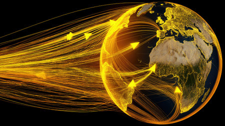 This vibrant image illustrates global connectivity with arrows representing data transfer across continents, highlighting modern technology and communication.の素材