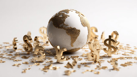 A stunning visual representation of a golden globe encircled by various currency symbols, emphasizing financial themes and international commerce. Perfect for projects related to economy.の素材