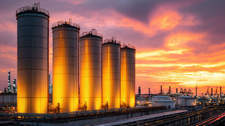 A captivating industrial landscape showcasing tall storage tanks illuminated by warm light against a vibrant sunset sky. The scene captures the intersection of technology and nature in an urban setting.の素材