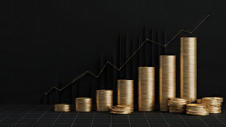This image features stacks of golden coins against a sleek black background, complemented by a rising graph line, signaling investment growth and financial success.の素材