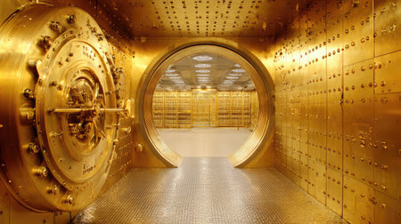 Discover the interior of a luxurious golden vault featuring a high-security door and gleaming walls, symbolizing wealth and protection in finance.の素材
