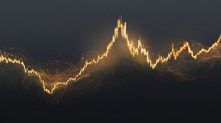 This stunning digital visualization depicts the fluctuations of stock market trends in a vibrant gold and black color palette, ideal for finance-related projects.の素材