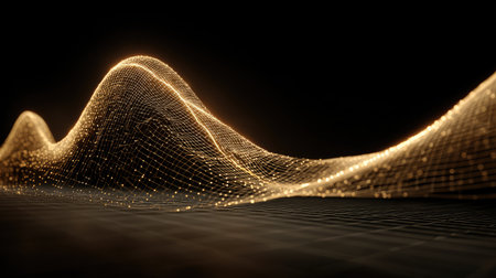 This abstract image features a golden wave pattern enhanced by glowing dots, conveying a sense of motion and technology against a dark backdrop.の素材