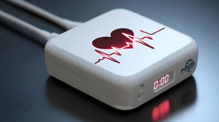 This image showcases a modern heartbeat monitor device featuring a heartbeat graph in red, designed for health monitoring and diagnostics.の素材