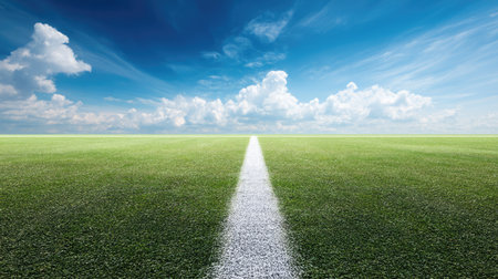 A stunning landscape featuring a vast green soccer field beneath a brilliant blue sky. Cotton clouds drift lazily, creating a serene atmosphere ideal for sports or outdoor activities.の素材