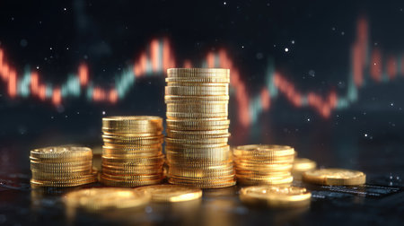 This captivating image features stacks of gleaming gold coins prominently displayed against a dynamic financial graph backdrop, symbolizing wealth, investment strategies, and market opportunities.の素材