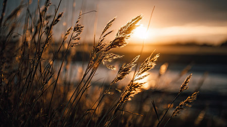 A serene scene showcasing golden grass swaying gently in the breeze during a captivating sunset, reflecting warm light on calm water.の素材