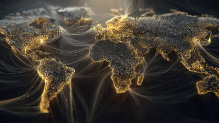 This visually striking image depicts a glowing world map made of particles, representing global connectivity and digital communication. Ideal for technology themes.の素材