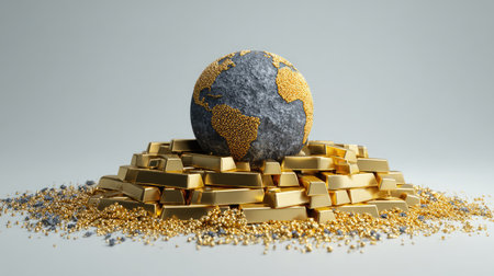 A stunning visual of a globe resting atop a mound of shiny gold bars, symbolizing wealth and prosperity. Perfect for themes of luxury, finance, and global economics.の素材