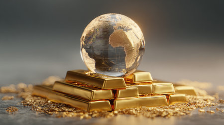 A captivating image featuring a crystal globe resting on gleaming gold bars. This visual represents wealth, finance, and prosperity, ideal for economic themes.の素材