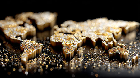 This stunning image features a stylized world map crafted from shimmering gold and silver particles, perfect for modern decorative concepts and artistic representations.の素材