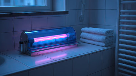 A serene bathroom scene featuring a UV sterilizer, accentuated by soft lighting. Fresh towels stacked neatly invite a sense of cleanliness and relaxation.の素材