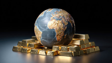 This striking image features a globe atop gleaming gold bars, symbolizing wealth and the interconnected nature of global economics. Ideal for finance and investment themes.の素材