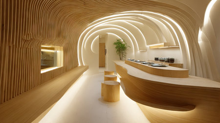 This modern minimalist kitchen showcases an elegant design with flowing wood elements and soft ambient lighting, creating a serene and inviting atmosphere.の素材