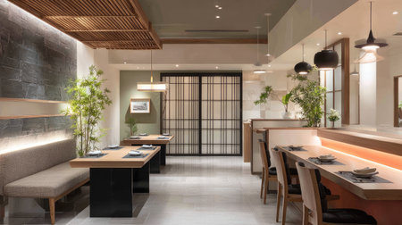Explore a modern Japanese restaurant interior with minimalist decor and cozy furniture, creating a tranquil and inviting dining atmosphere.の素材
