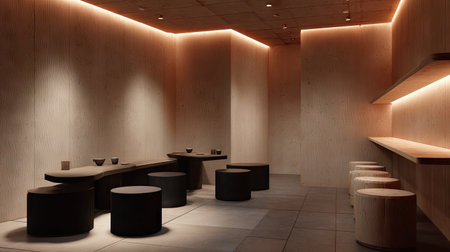 A contemporary interior featuring a minimalist design with wooden elements and ambient lighting, creating a peaceful atmosphere for relaxation and social gatherings.の素材