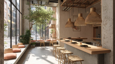 This modern cafe interior features a minimalist design with ample natural light, wooden seating, and greenery, creating a cozy atmosphere ideal for relaxation.の素材