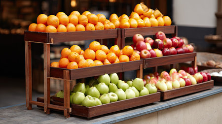 A stunning market display featuring stacks of ripe oranges, green apples, and red apples perfectly arranged on wooden stands, showcasing freshness and color.の素材