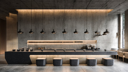 A striking view of a modern kitchen showcasing minimalist design elements, sleek textures, and stylish lighting that create an inviting ambiance.の素材
