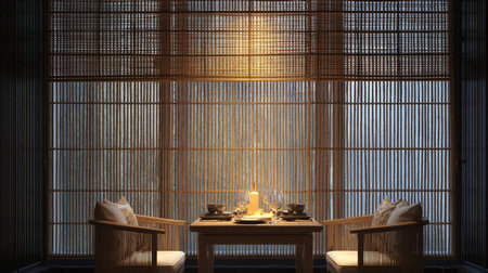 This cozy dining space features bamboo blinds and soft lighting, perfect for intimate meals or quiet reflections, creating a warm and serene atmosphere.の素材