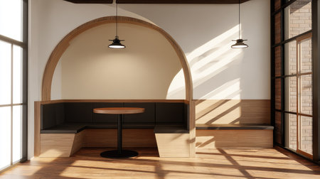 A beautifully designed modern interior showcases a cozy seating area with a circular arch and elegant lighting, perfect for relaxation and socializing.の素材