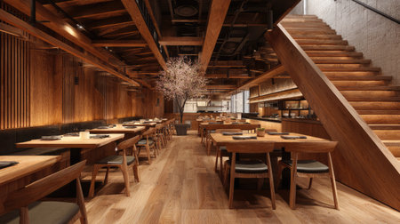 This modern restaurant interior features elegant wooden decor, warm ambient lighting, and spacious seating, creating an inviting atmosphere for patrons.の素材