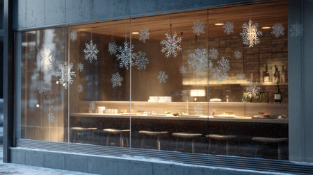 This cozy restaurant interior captures a winter ambiance with beautiful snowflakes on glass. The warm lighting and inviting decor create a perfect atmosphere for dining.の素材