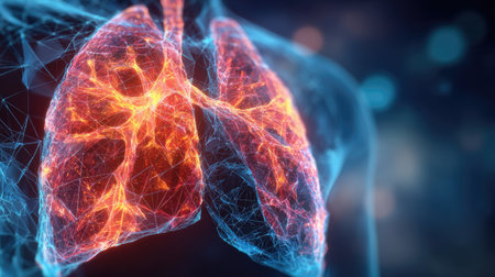 A stunning digital representation of human lungs featuring intricate neon networks highlights the complexity of the respiratory system in a dark background.の素材