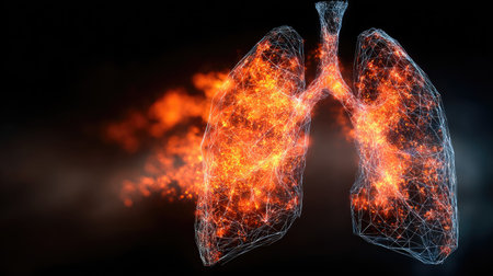 This abstract digital image showcases a pair of human lungs illuminated with glowing particles, symbolizing health and respiratory functions in a modern scientific context.の素材
