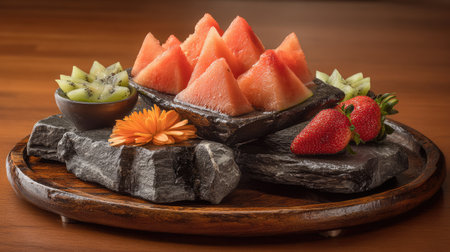 A stunning fruit arrangement featuring vibrant slices of watermelon, juicy strawberries, and refreshing melon cubes on a natural stone platter.の素材