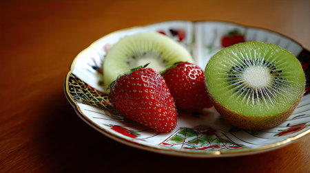 A visually appealing arrangement of fresh strawberries and kiwi on a decorative plate, showcasing vibrant colors and natural textures, ideal for food lovers.の素材