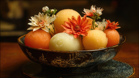 A vibrant arrangement of colorful fruit and delicate flowers in a decorative bowl, perfect for culinary art, dining settings, or festive occasions.の素材