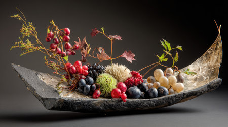 A beautiful display of assorted fresh fruits and berries arranged on a uniquely shaped textured serving dish, showcasing a vibrant and artistic presentation.の素材