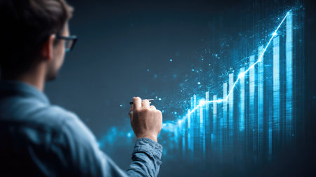 A focused businessman examines digital graphs and trends on a screen, reflecting modern data analysis practices in a professional setting.の素材