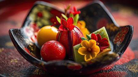 A stunning arrangement of colorful Asian desserts featuring vibrant fruits and delicate edible flowers presented in a traditional bowl. The artistic display captures the essence of culinary creativity and flavor.の素材