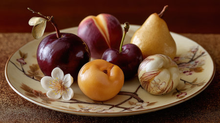 A vibrant assortment of fresh fruits displayed on a beautifully designed plate, perfect for illustrating healthy eating, seasonal harvest, and gourmet cuisine.の素材