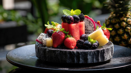 A beautifully arranged fruit platter featuring watermelon, strawberries, blueberries, and dragon fruit on a black stone plate, surrounded by vibrant greenery.の素材